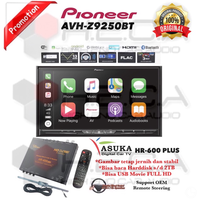 Pioneer AVH-Z9250BT Head Unit Double Din Tape Mobil Audio & TV Tuner Digital ASUKA HR-600 PLUS