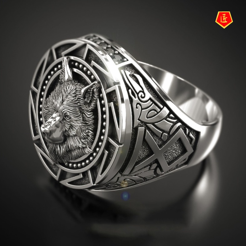 [Ready Stock]Men's High Profile Retro Wolf Totem Silver Ring