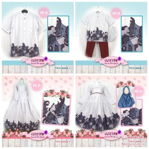 Couple Keluarga Koko dan Gamis Cutetrik Warna Putih Batik