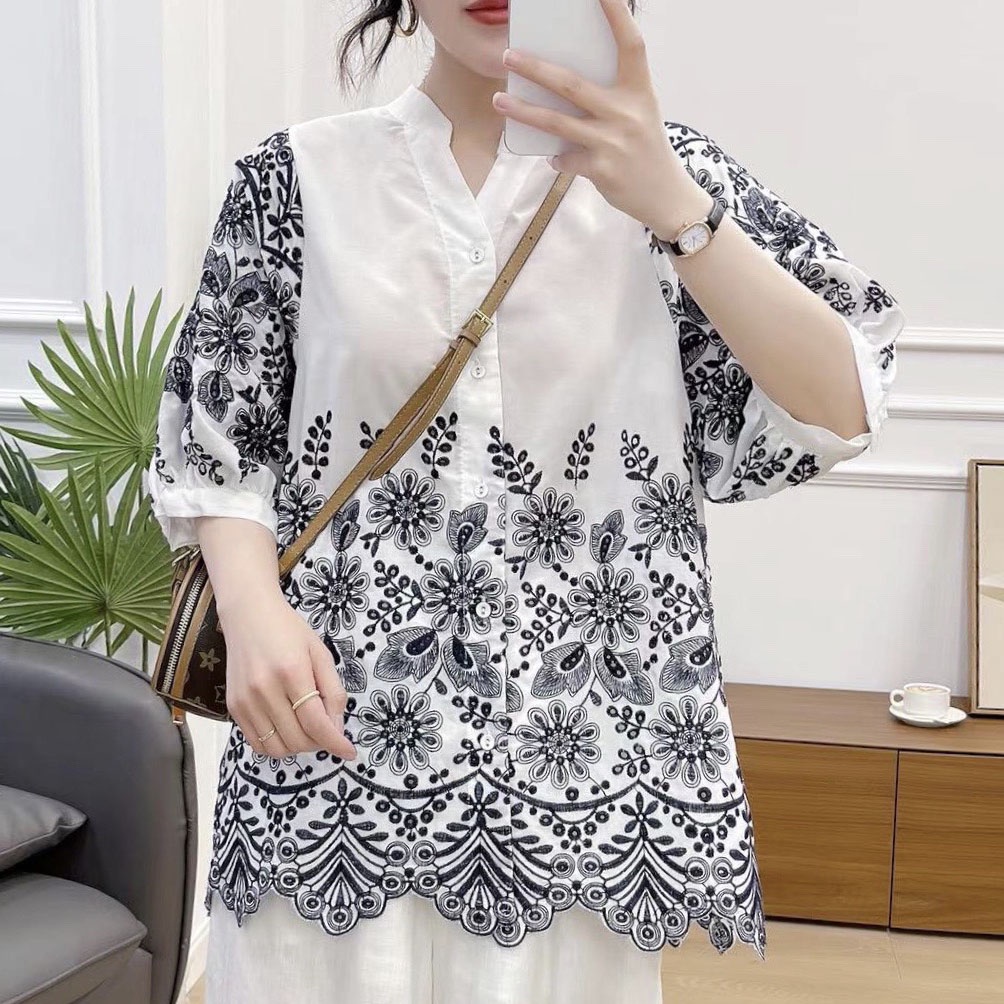 BLUS V NECK KATUN PUTIH BORDIR BUNGA HITAM LENGAN BALON 3/4 IMPORT