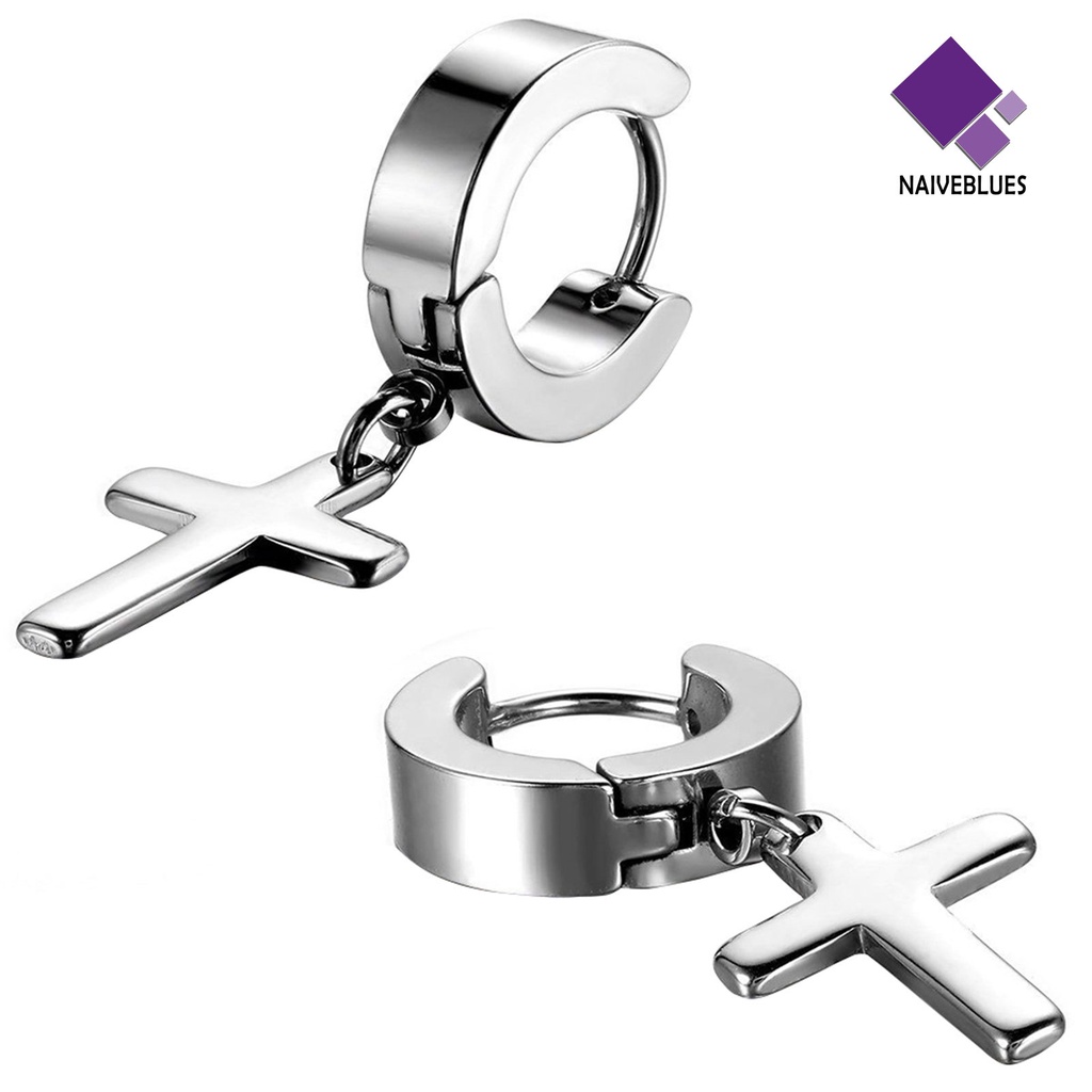 1 Pasang Anting Hoop Liontin Salib Menjuntai Bahan Stainless Steel Untuk Pria