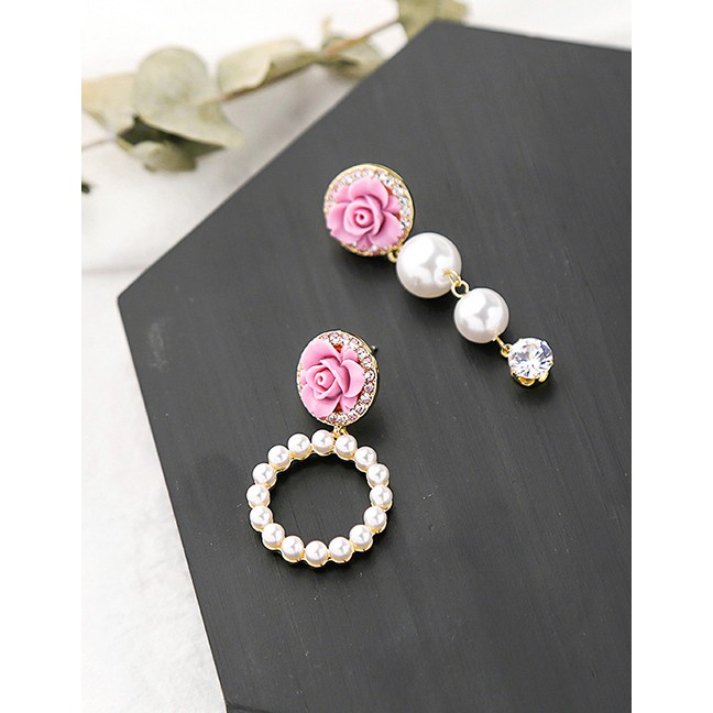 LRC Anting Tusuk Fashion White Sterling Silver Geometric Diamond Pearl Flower Asymmetrical Earring