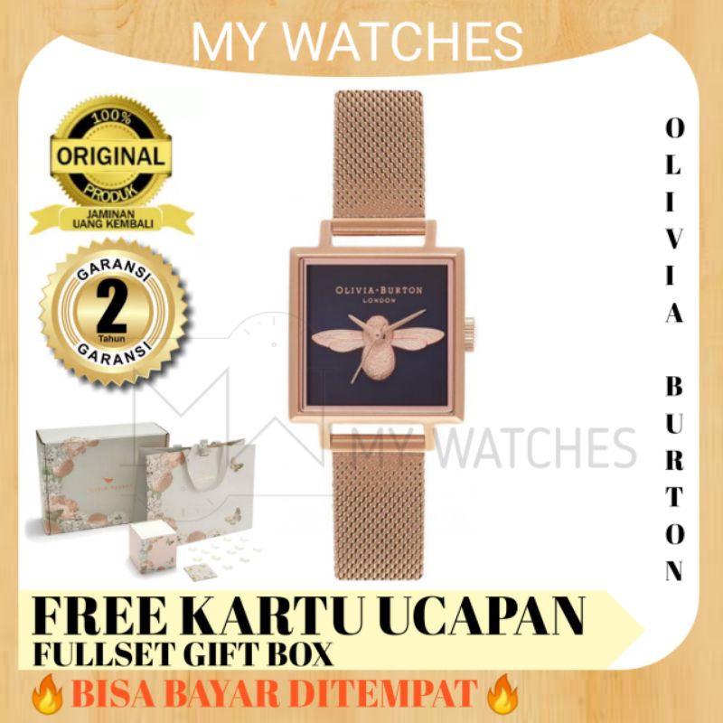 Jam Tangan Wanita Original Olivia Burton Square Dial 3d Bee Gold Mesh 23mm