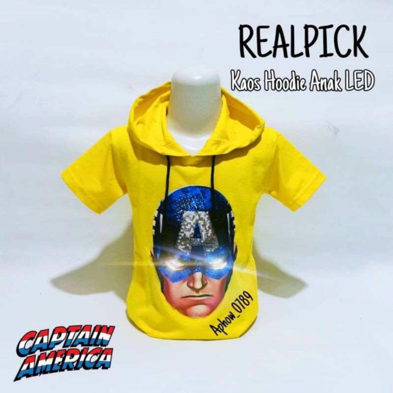 Kaos Hodie Anak Laki Laki Superhero Captain Amerika Model Led Nyala dan Gambar Usap