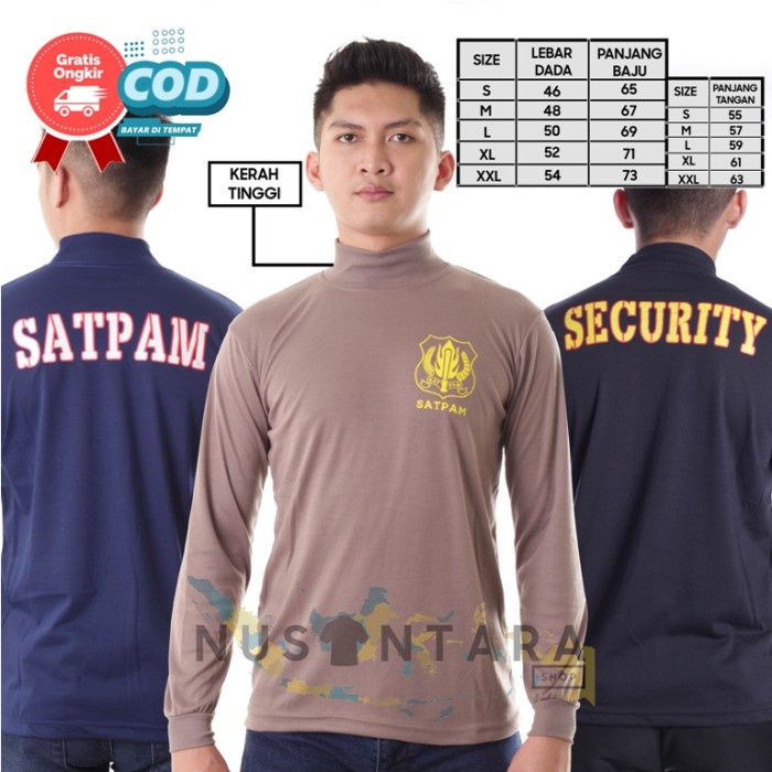 TERMURAH- Kaos Security Kerah Tinggi Kaos Satpam Tangan Panjang Security terbaru - COKLAT POLOS, M-k