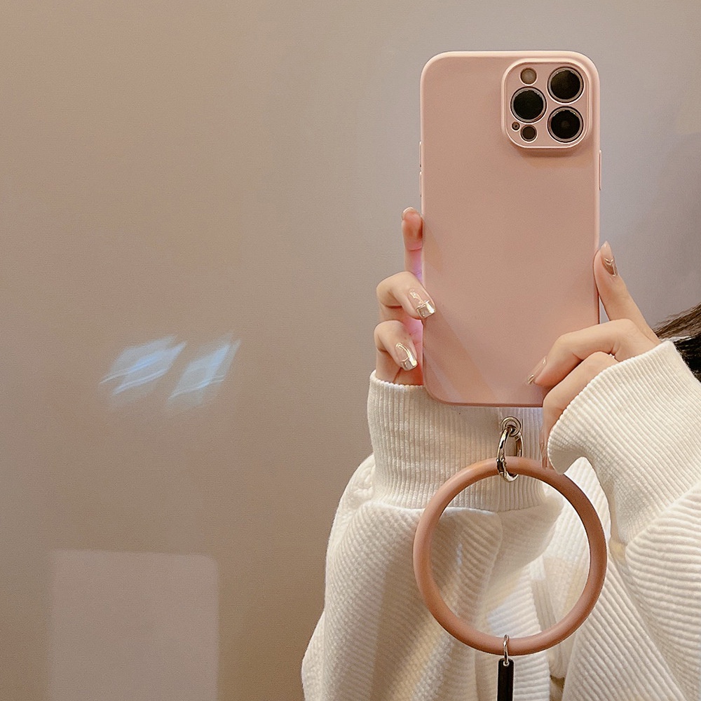 Case Pelindung Kamera Bahan Karet Silikon Warna Pink Dengan Rantai Cincin Untuk Iphone 11 8 7 Plus SE2 XS XR 12 13 PRO MAX