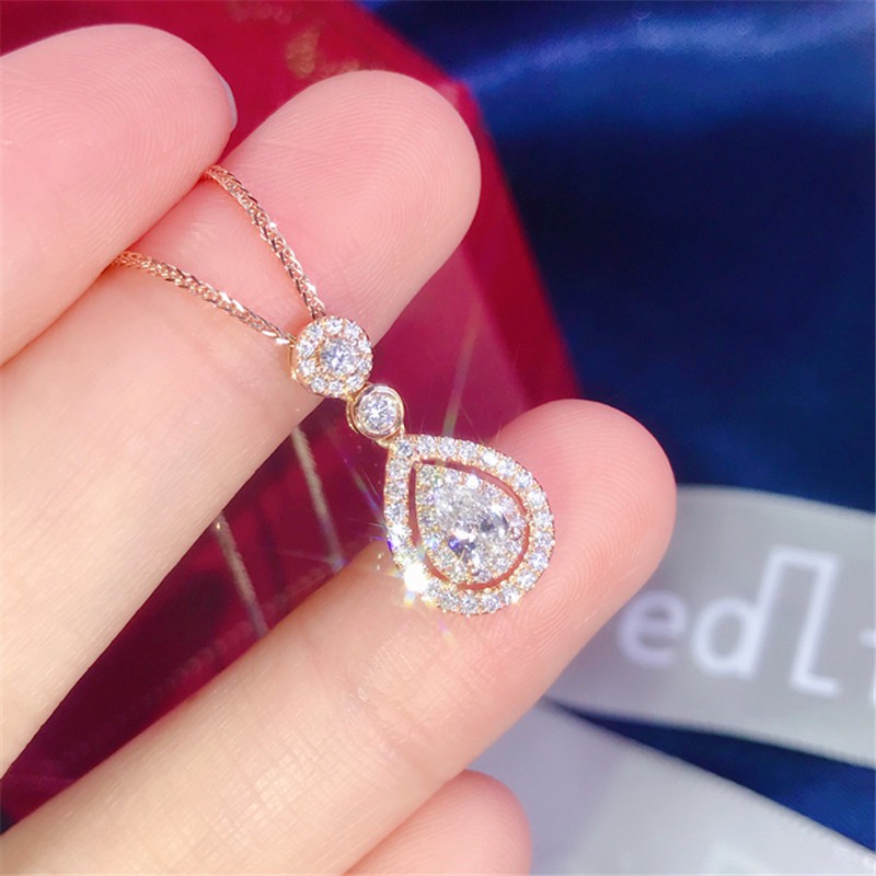 Kalung Berlian Wanita 18 K Emas Berlapis Rantai Klavikula Drop Berbentuk Buah Pir Liontin Mawar Emas