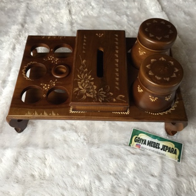 Tempat aqua set 3in1 kayu jati lukis (tempat tissue & toples permen) kayu jati lukis