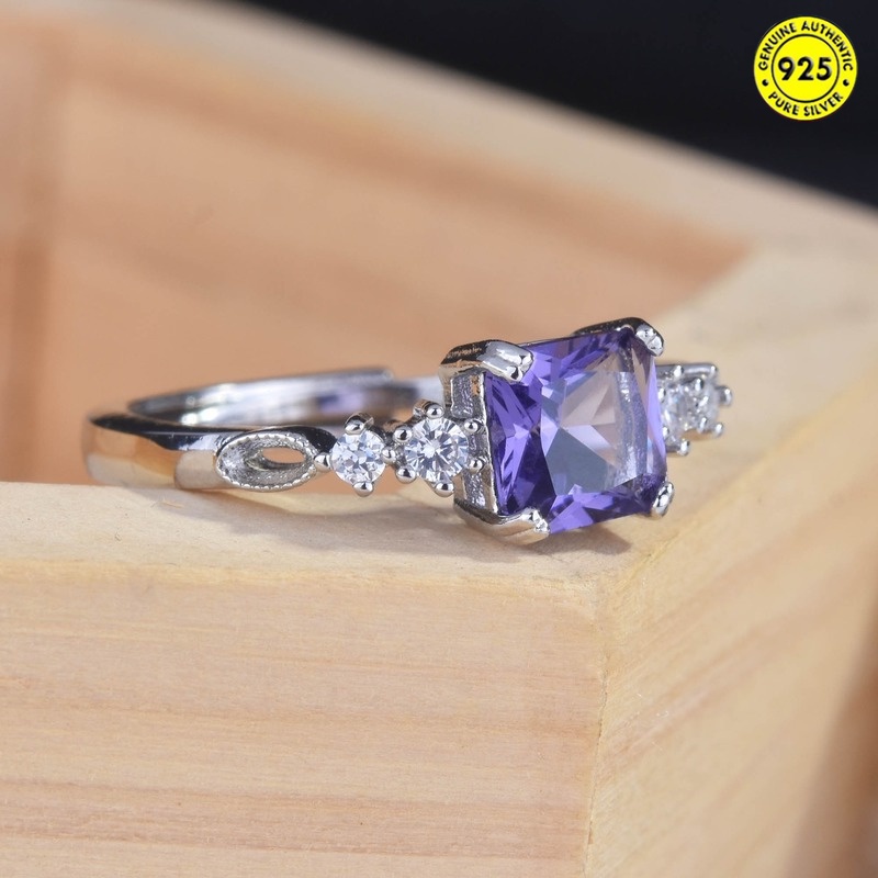 All-Match Colored Gems Square Diamond Amethyst Open Ring