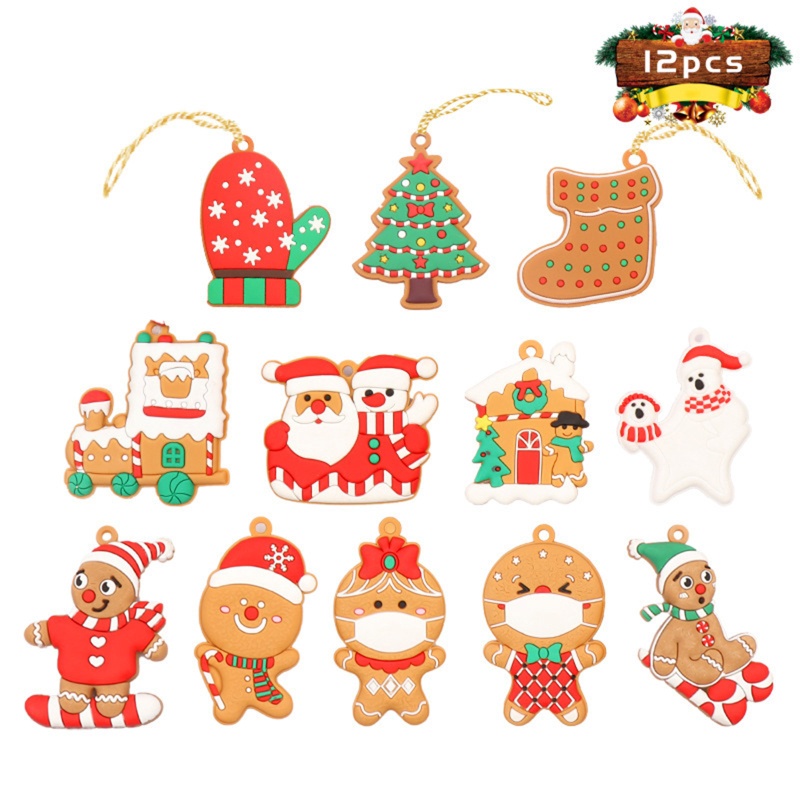 12 Pcs Ornamen Gingerbread Model Gantung Dengan Tali Warna-Warni Untuk Pohon Natal