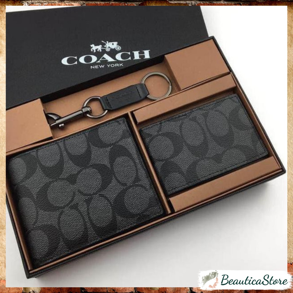 ORIGINAL COACH - Compact ID Signature 3in1 in Black (Wallet, Card Holder, Keychain) NEW FULL SET