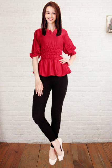 Blouse kerut pinggang tangan 3/4