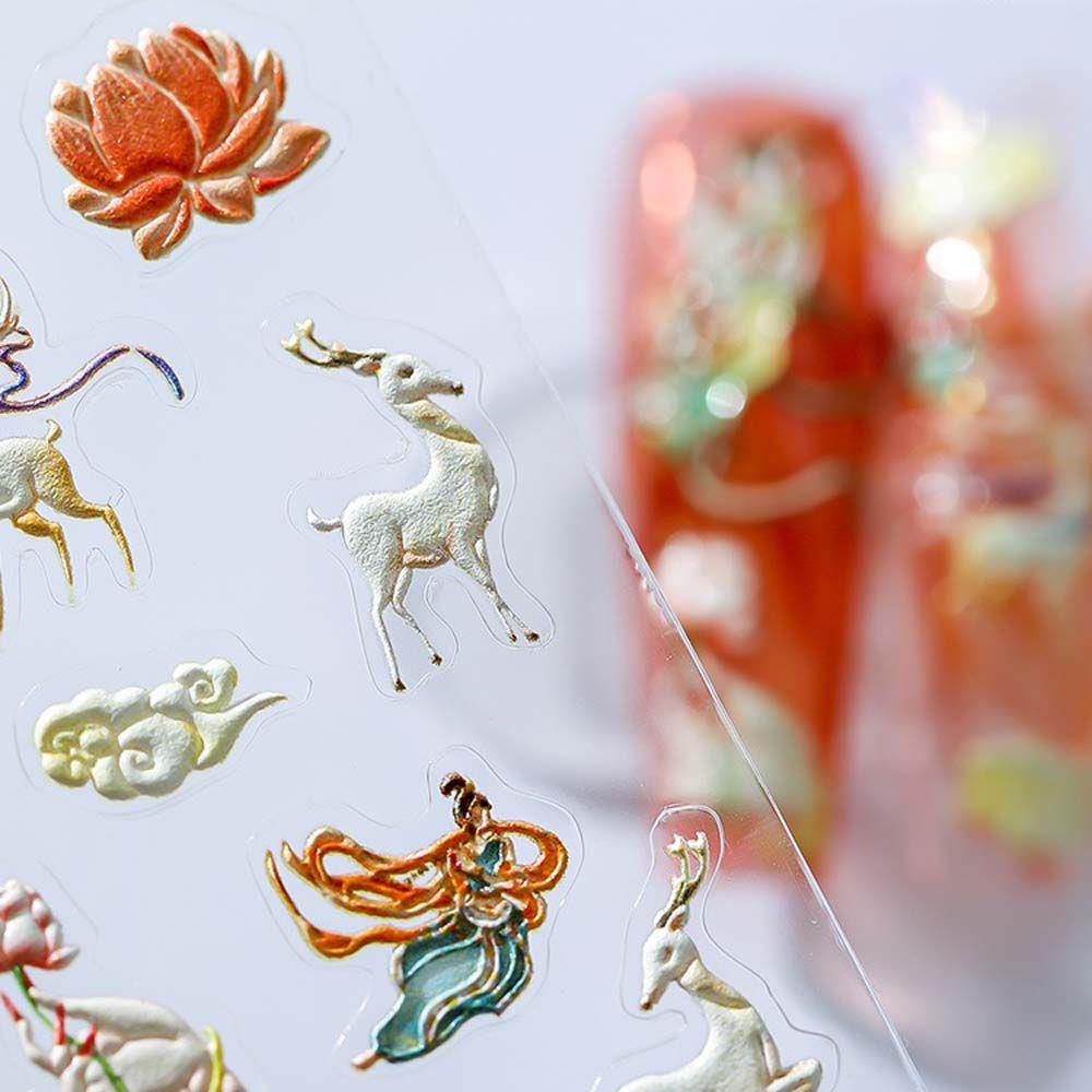 AUGUSTINA Agustin Dunhuang Mural Kuku Stiker Salon Rusa Perekat Diri Stiker Tipis Tangguh 5D Timbul Gaya Cina Kuku Foil Decals