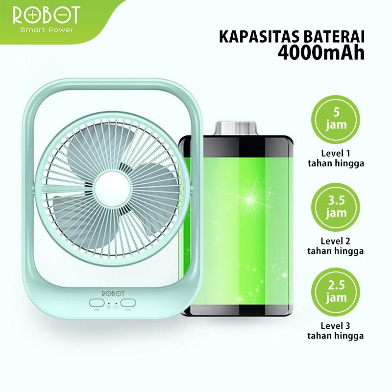 ROBOT RT-BF13 Kipas Portable Fan4000mAh 7inch Rotatable 300° Rechargeable Led Garansi Original Resmi