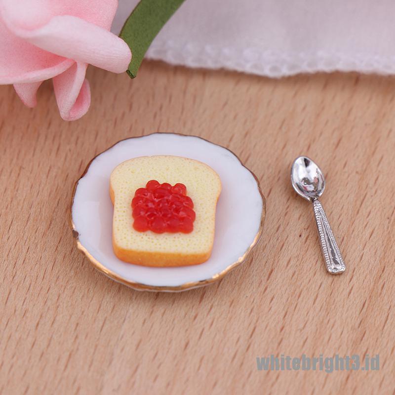 (white3) 3pcs / set Miniatur Piring + Sendok Roti Panggang Skala 1: 12 Untuk Aksesoris Rumah Boneka