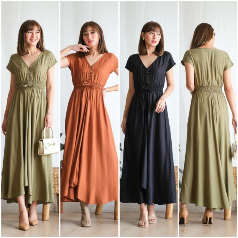 ⚡️CLEARANCE SALE ♡ PREMIUM ♡ ORIGINAL ! YULISA VINTAGE V-NECK BUTTON ASYMMETRIC RAMPLE MAXI DRESS ( BUSUI FRIENDLY )