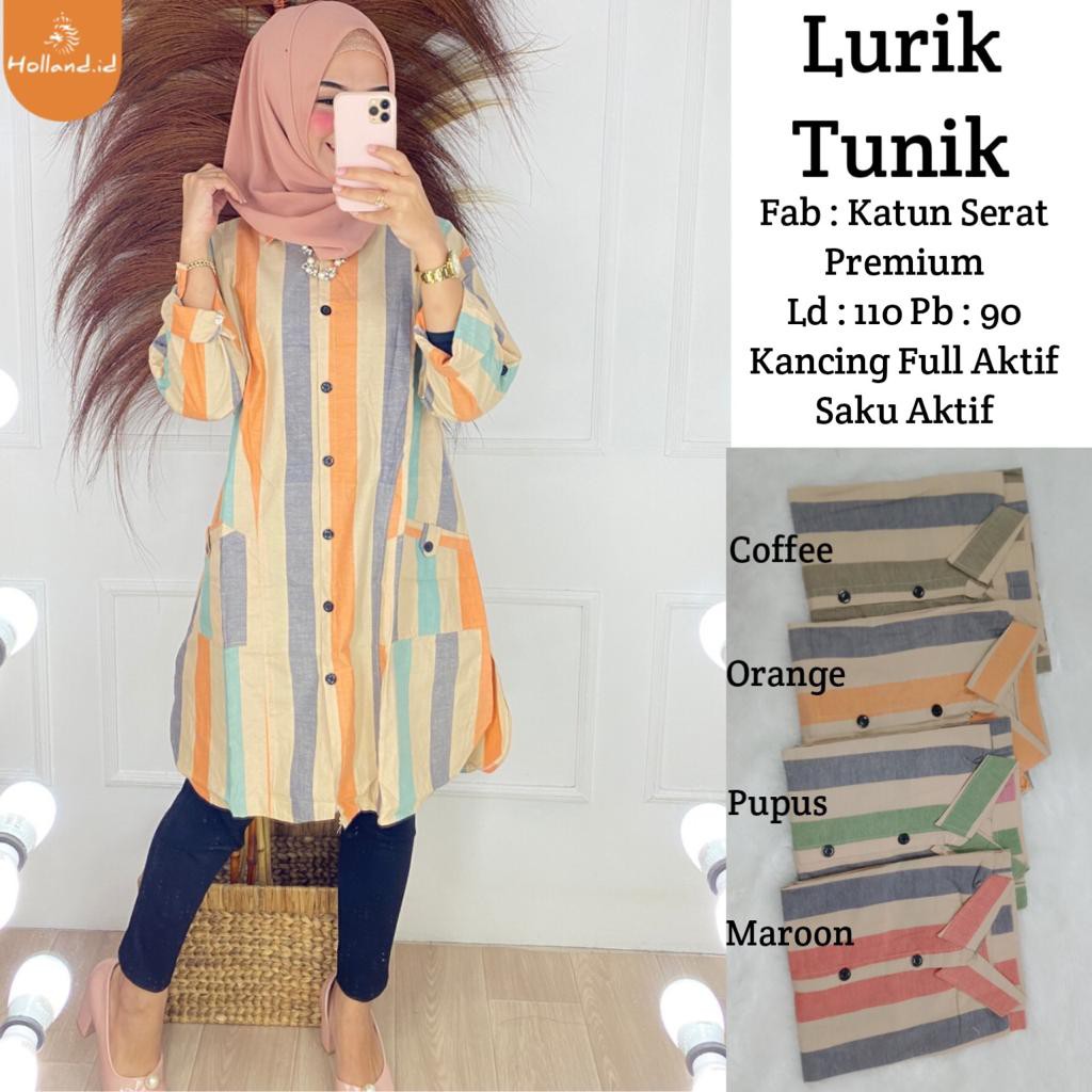 Baju Atasan Muslim Lurik Tunik Wanita Remaja Motif Stripe Kancing dan Saku Aktif Premium LD 110cm