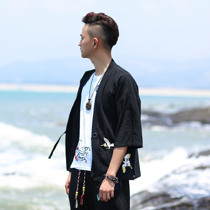 Musim panas gaya Cina jalan jubah kimono cardigan jaket pria Jepang dan Bau Baju longgar tipis