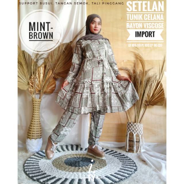 SETELAN BAJU WANITA ATASAN BAWAHAN TUNIK CELANA RAYON VISCOSE IMPORT ORI PREMIUM MOTIF ETNIK BUSUI