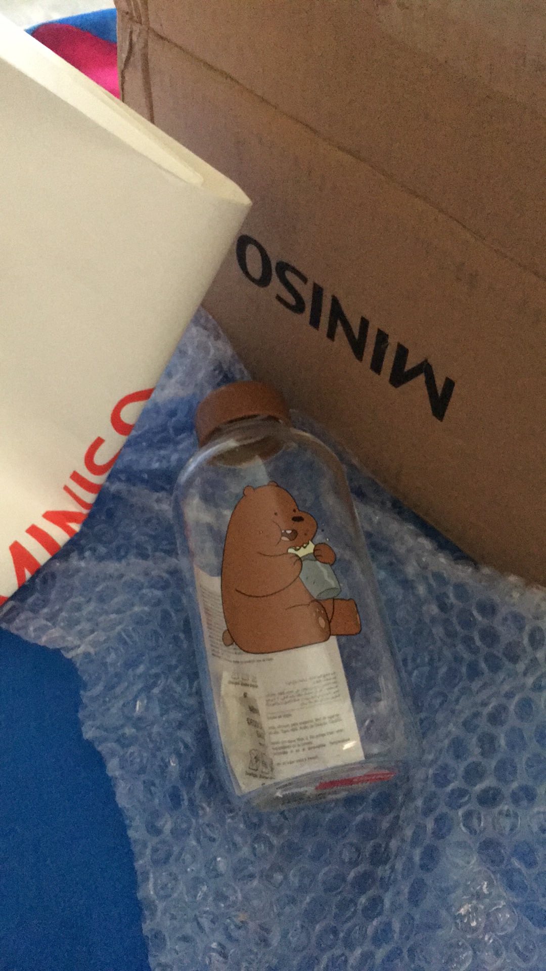 Miniso We Bare Bears Pot Bellied Glass Bottle / Botol Minum Kaca Wbb