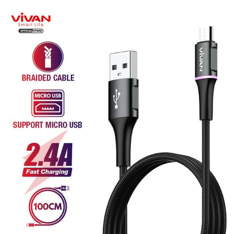 BATAM SHOPPING MALL VDM100 / VDM200 Kabel Vivan VDM100 / VDM200 Micro USB Data Cable 2.4A LED Light 