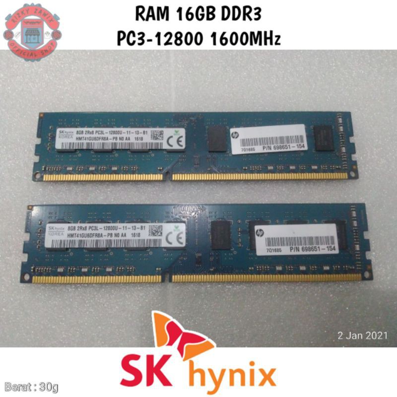 RAM 16GB DDR3 PC3-12800 1600MHz merk Hynix • Memory PC Komputer 2x8GB DDR3L DIMM LongDIMM Intel AMD