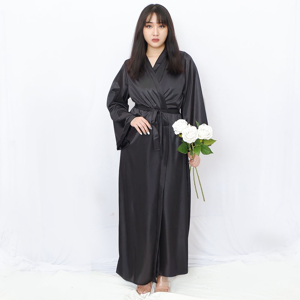 FOLVA kimono panjang satin 1236BKIM Hitam all size