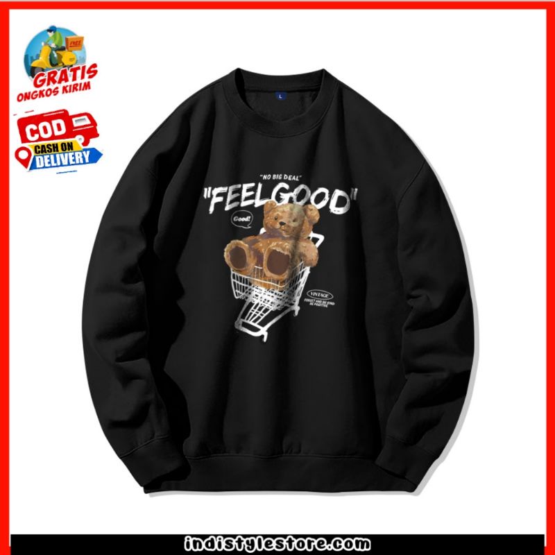 Sweater Crewneck Hitam Bear Trolly Distro Pria Wanita Switer Cn Cowo Cewe Sweeter Creunek Animasi Be