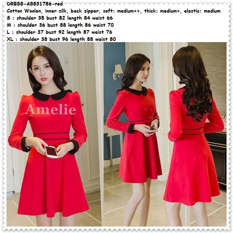 AB831786 Sexy Party Mini Dress Gaun Pesta Lengan Panjang Korea Import Red Merah Imlek Pakaian Wanita