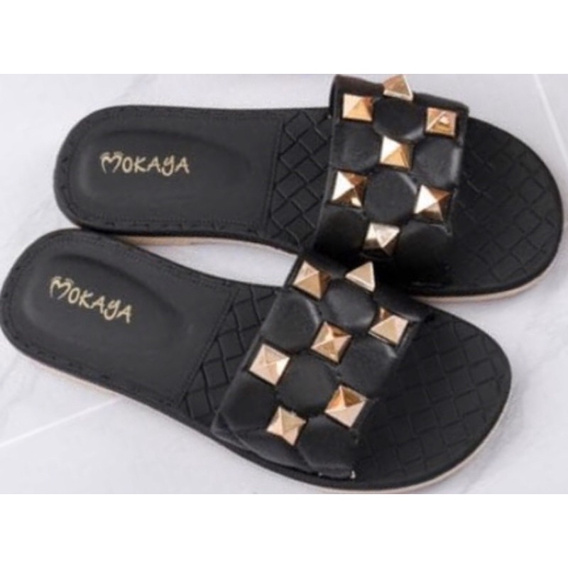 Sandal Slop JellyWanita Motif Kotak Duri Gold Cantik Keren Elegant Mewah Import Mokaya / Size 37-41 ( 2132 )-hitam