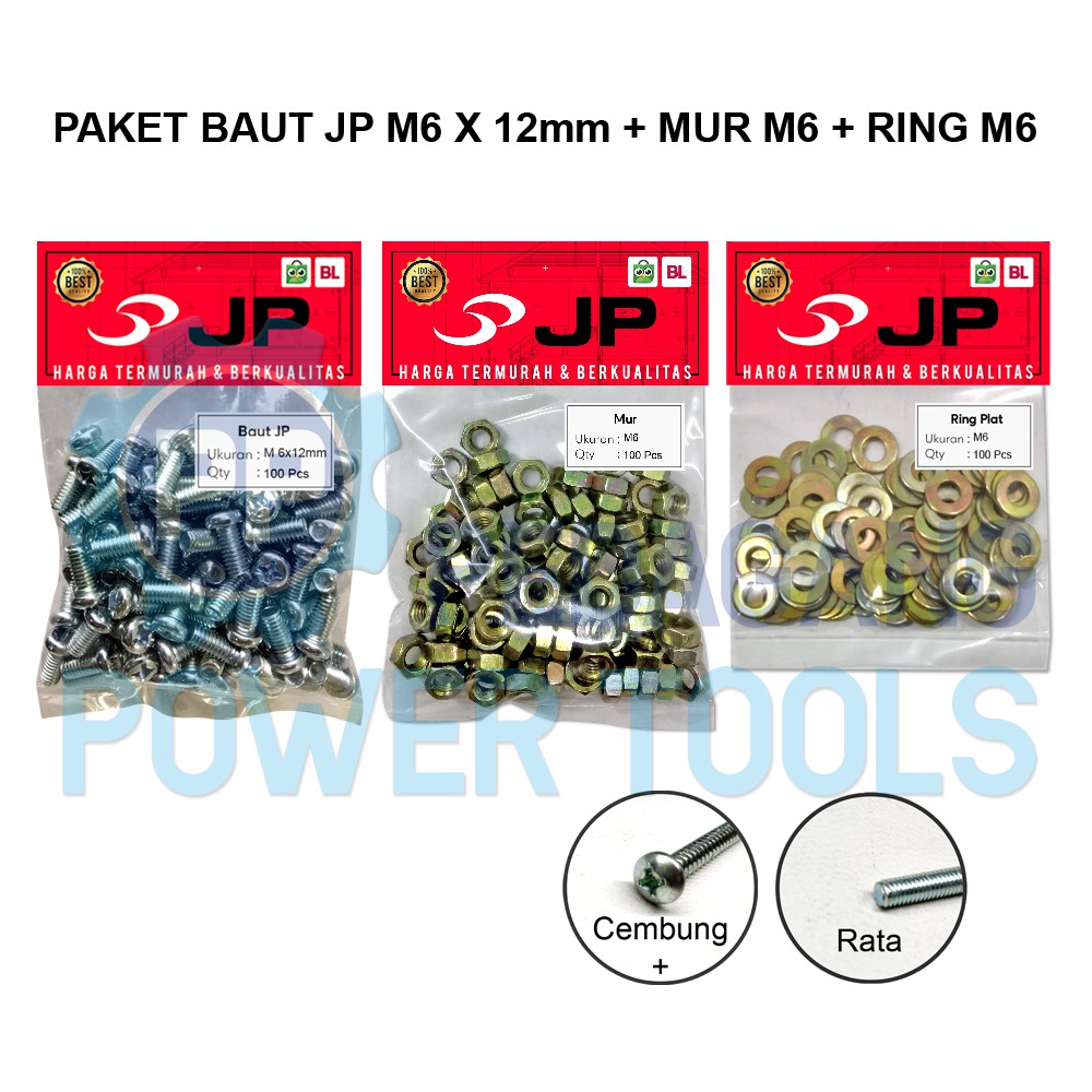 PAKET 3 SET JP M 6x12 BAUT MUR RING PLAT M 6 x 12 MUR M6 ISI 100 PCS