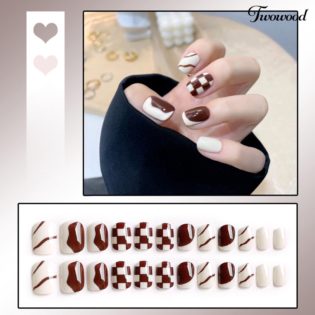 Twowood 1 Set Kuku Palsu Full Cover Detachable Dengan Lem Untuk Nail Art Wanita