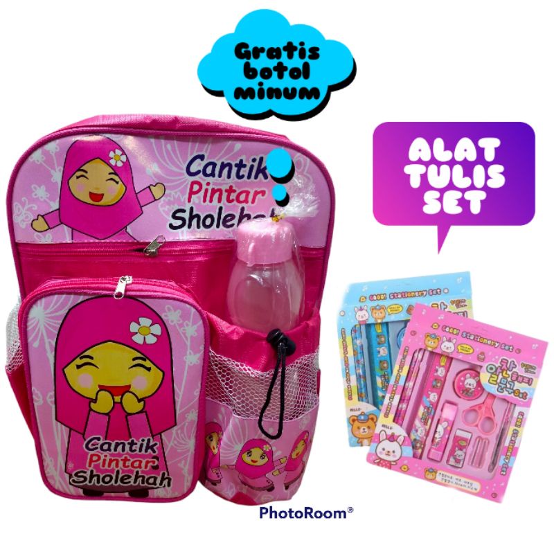 Tas ransel anak TK SD motif muslimah gratis botol alat tulis