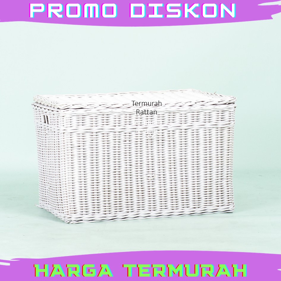 Keranjang Laundry Rotan Box Putih / Keranjang Baju Kotor Dengan Tutup Serbaguna Anyaman Rotan Asli