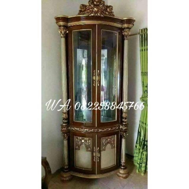 Bufet Hias Pojok Ukir, Rak Bifet Kaca Jati Ukir Asli Khas Jepara Termurah