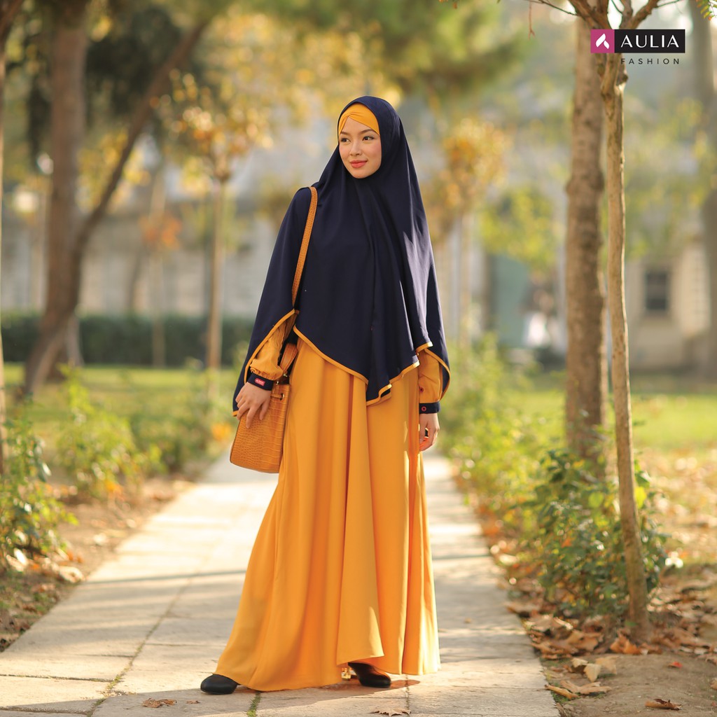 Set Gamis Shakira Mustard Navy aulia fashion