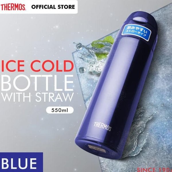 Thermos FHL 550 Ice Cold Bottle Blue Brown with Straw 0.5L FHL550 Botol Air Biru Coklat original Termos dengan Sedotan