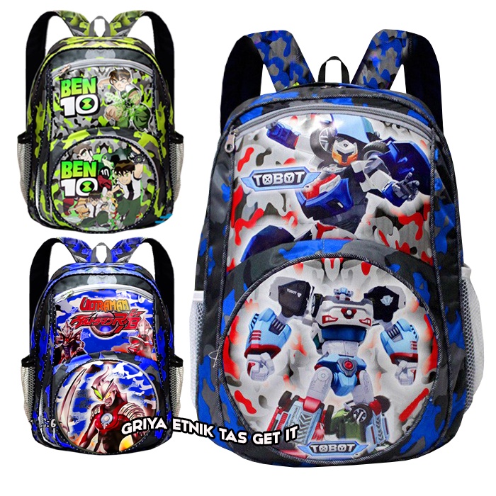 Tas Sekolah Anak Laki laki SD Karakter Tobot Ben 10 Ultraman Motif Army Ransel Gendong Cowok