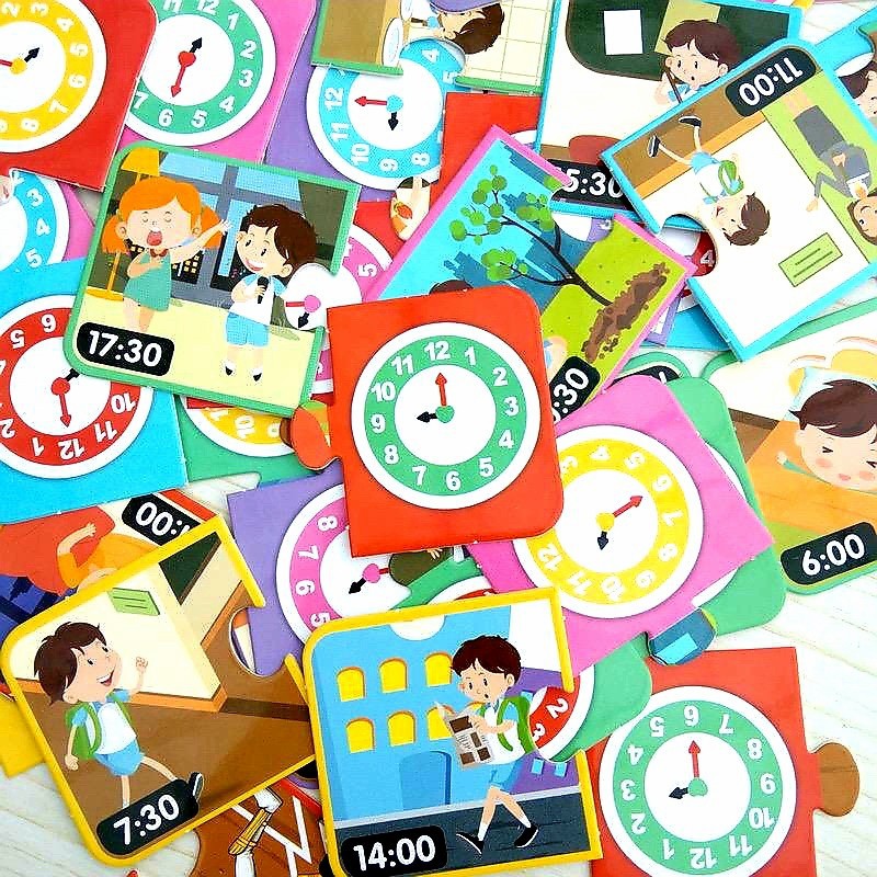 time cognition puzzle jigsaw belajar mengenal waktu jam mainan edukasi