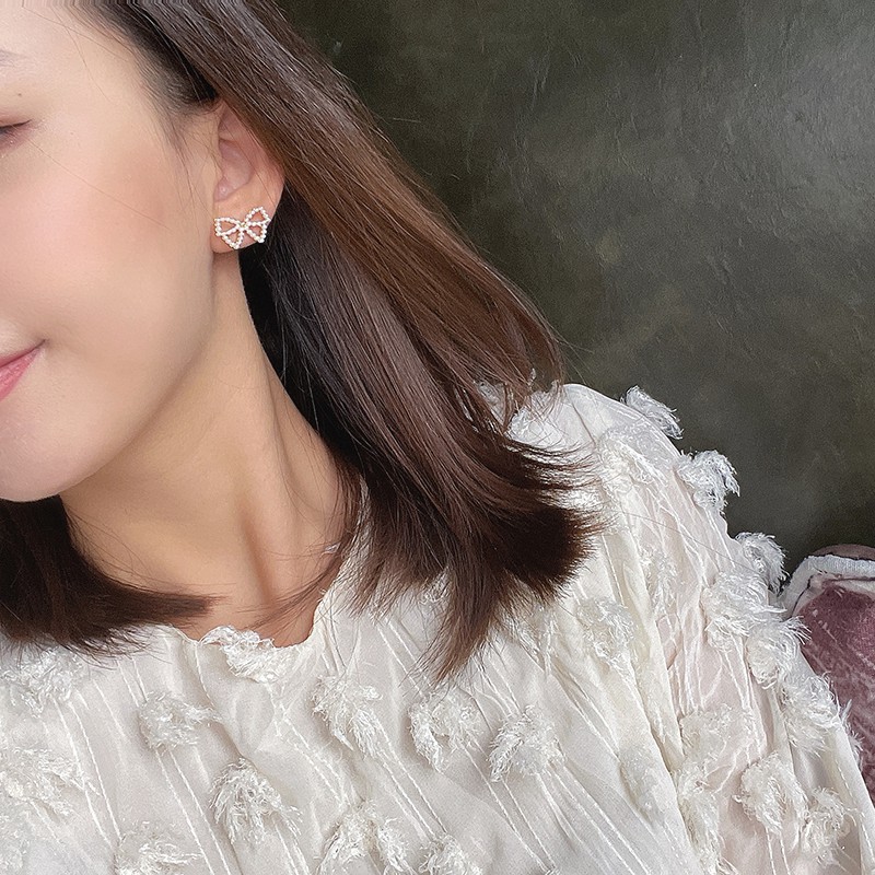 Anting S925 Silver Bentuk Pita Aksen Mutiara Gaya Korea