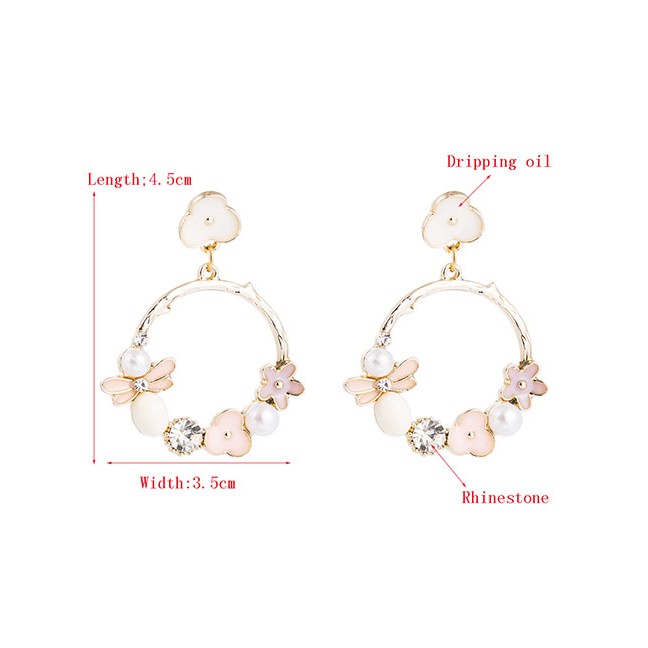 LRC Anting Tusuk Fashion Pink Flower Alloy Pearl Geometric Cutout Earrings D94297