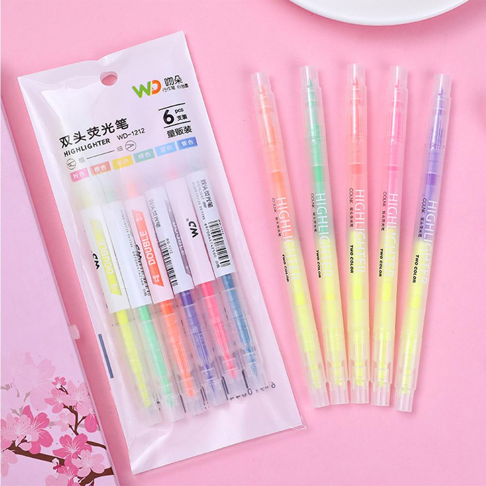 Timekey 3 / 6 Pcs Spidol Highlighter Dua Sisi Warna-Warni Untuk Sekolah / Kantor W8Y1