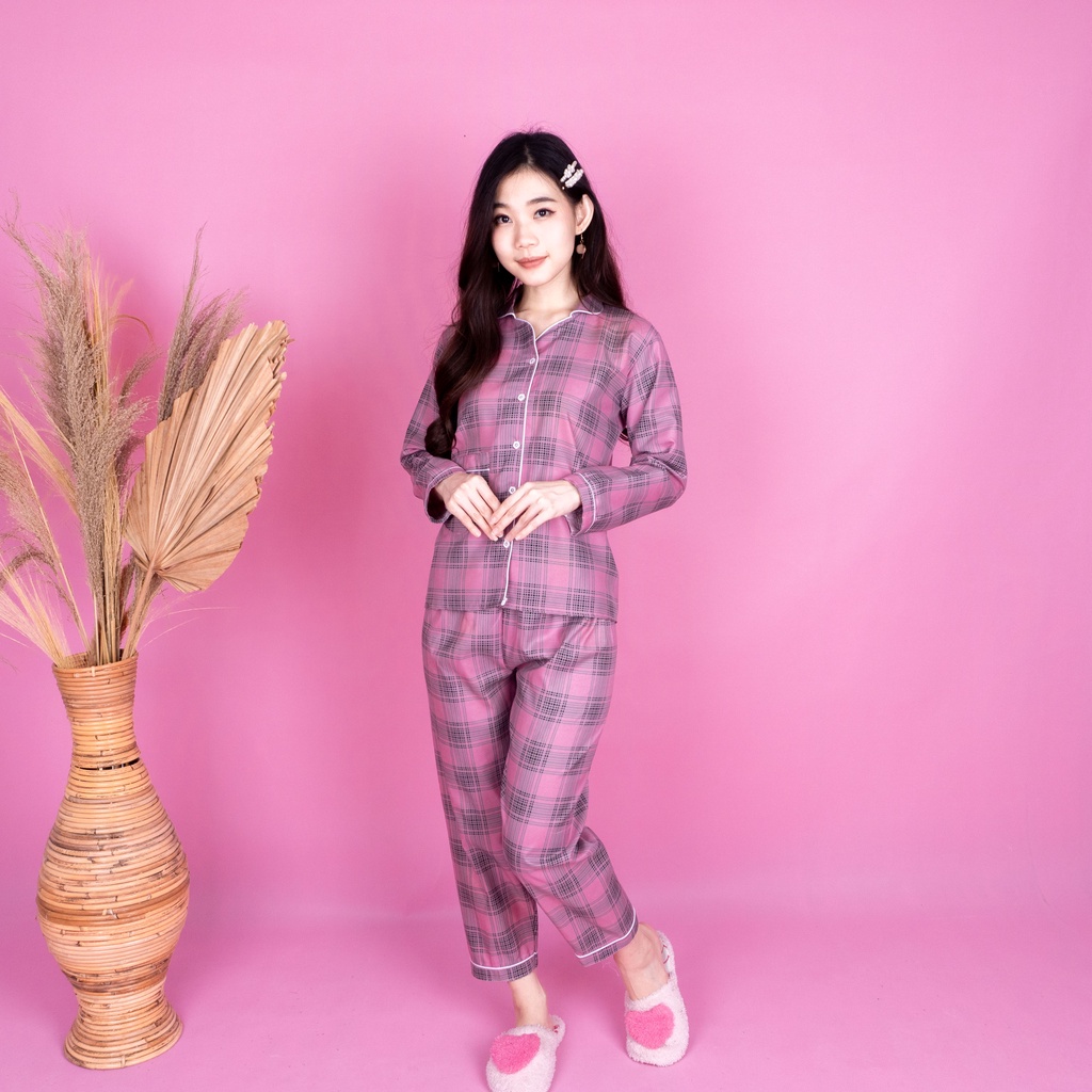 SF - Setelan Piyama Baju Tidur Wanita Lengan Pendek Panjang Guilen Kotak Pajamas Cewek Dewasa Kekinian-PP GUILEN PINK