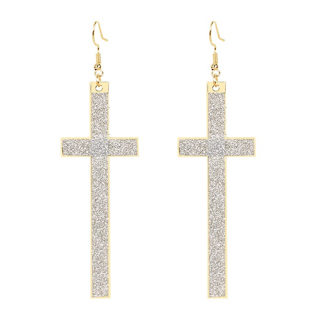LRC Anting Gantung Fashion Golden Geometric Cross Frosted Alloy Earrings K44350