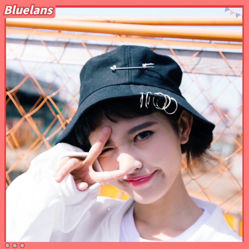 bluelans♘ Topi Bucket Fisherman Lipat Aksen Peniti+Cincin Besi untuk Outdoor