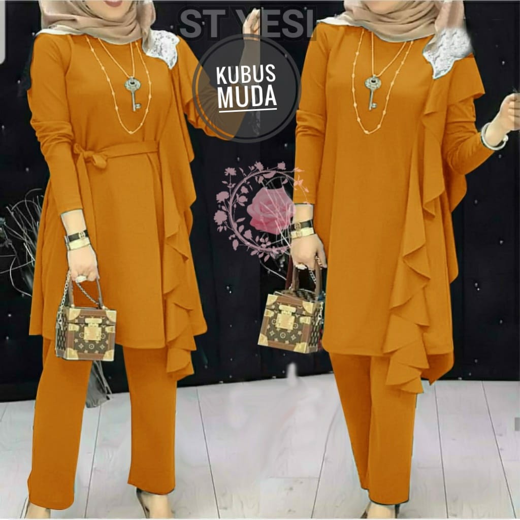 ST YESI/ SETELAN WANITA HIJAB SIZE L, XL, 2XL/ ONE SET BAHAN MOSSCREPE/ SET WANITA LENGAN PANJANG TERBARU-KUBUS MUDA