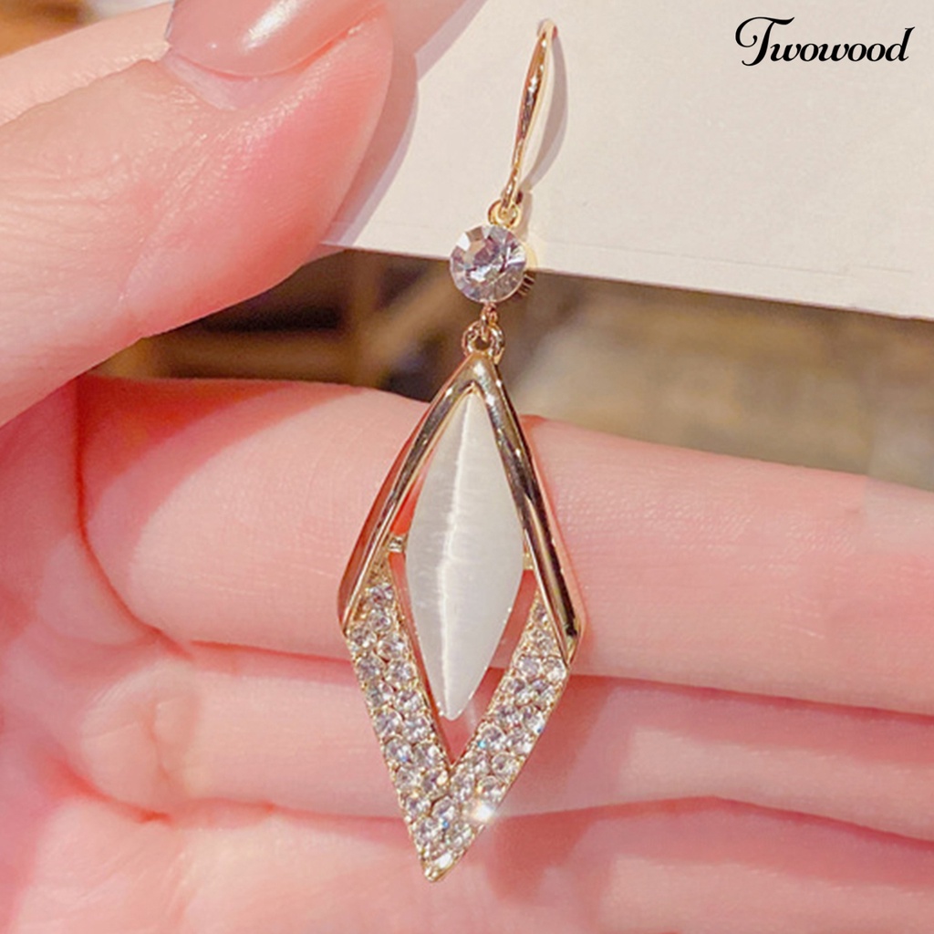 Twowood 1 Pair Rhinestone Shiny Drop Earrings Alloy Faux Opal Rhombus Pendant Hook Earrings Party Jewelry