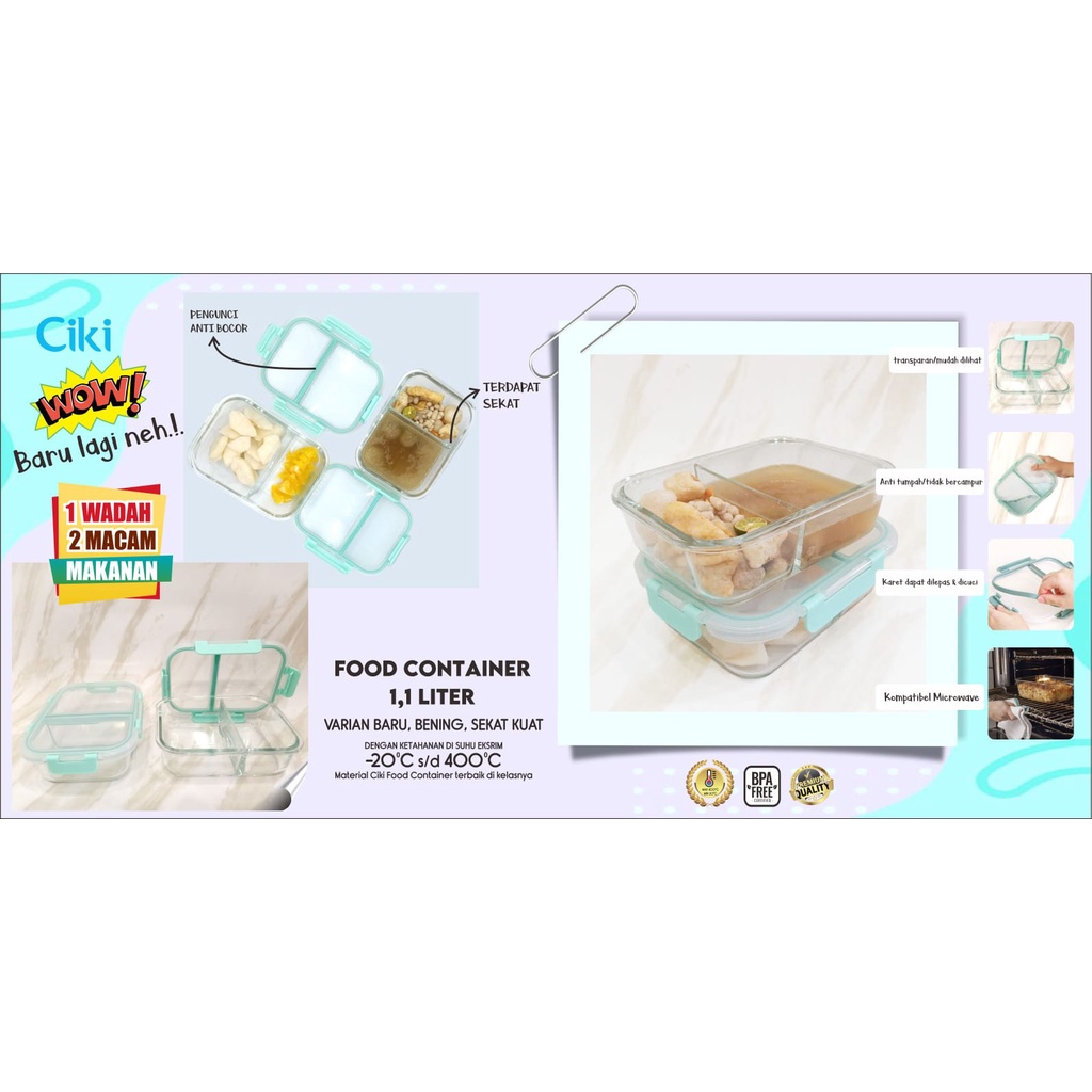 CIKI Glass Baby Food Container Wadah Kaca Kotak Makan 1.100ml ISI 1