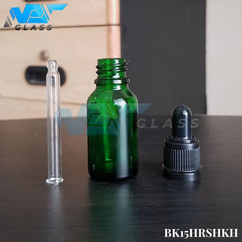 botol kaca pipet 15ml tebal hijau ring segel / botol serum 15ml / botol tetes 15ml