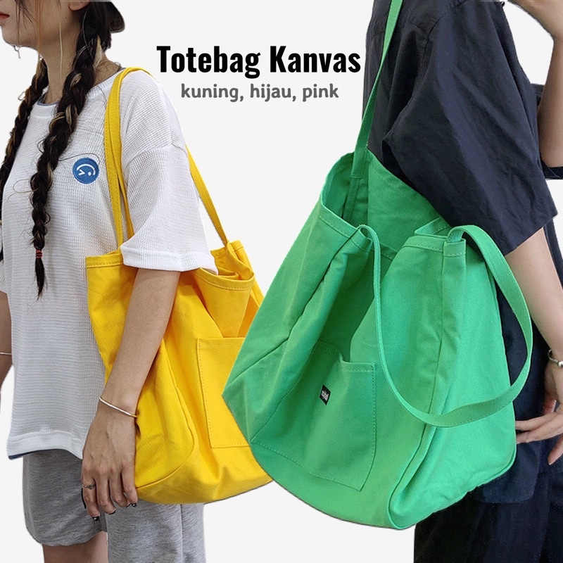 Mores Tas Tote Bag Kanvas wanita Polos Warna Neon Casual Import Korean Style Aesthetic Siena Korean Canvas Totebag Plain